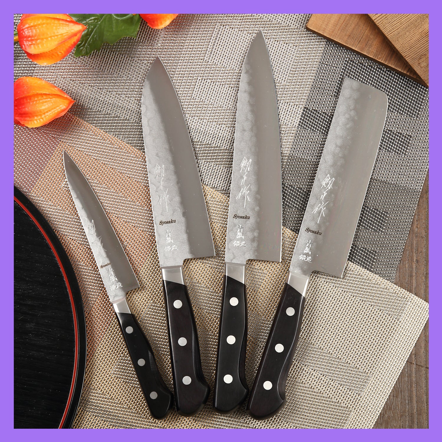 Syosaku Japanese Multi-Purpose Chef Knife Aoko (Blue Steel) No.2 Black Pakkawood Handle, Santoku 7-inch (180mm) with Magnolia Wood Sheath Saya Cover