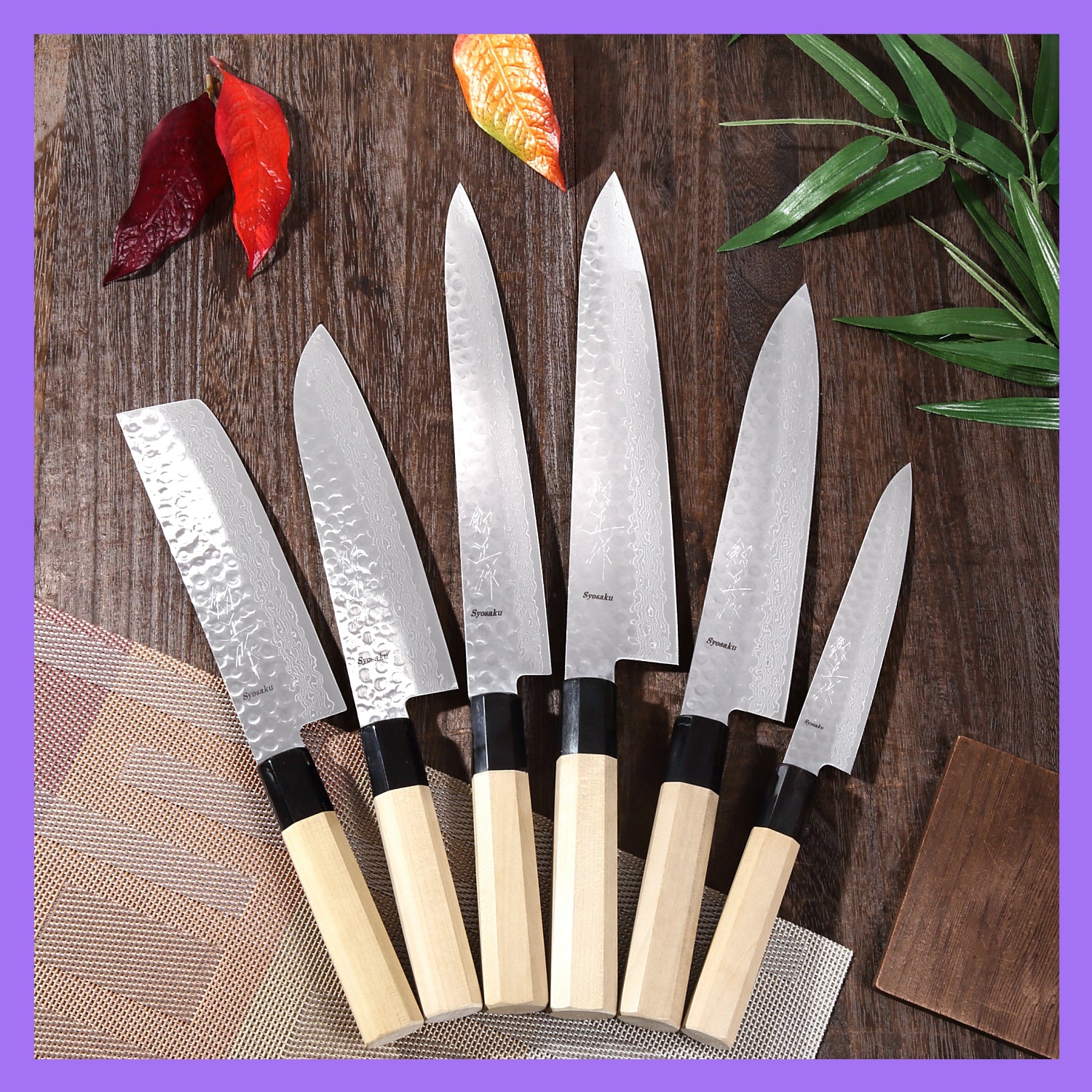 Syosaku Japanese Chef Knife Hammered Damascus VG-10 46 Layer Octagonal Magnolia Wood Handle, Gyuto 8.3-inch (210mm)