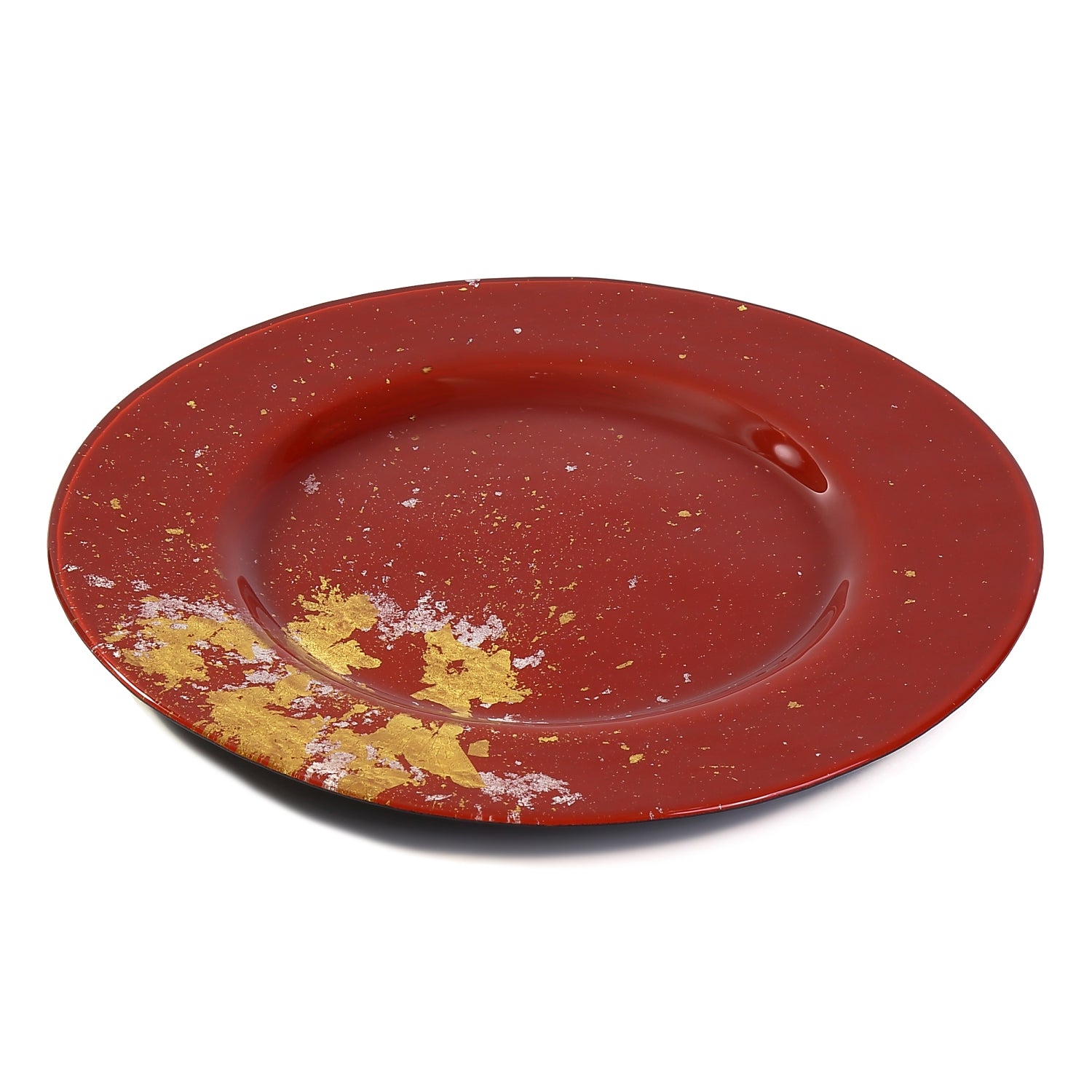 Syosaku Japanese Urushi Glass Dinner Plate 12.5-inch (32cm) Vermilion with Gold Leaf, Dishwasher Safe