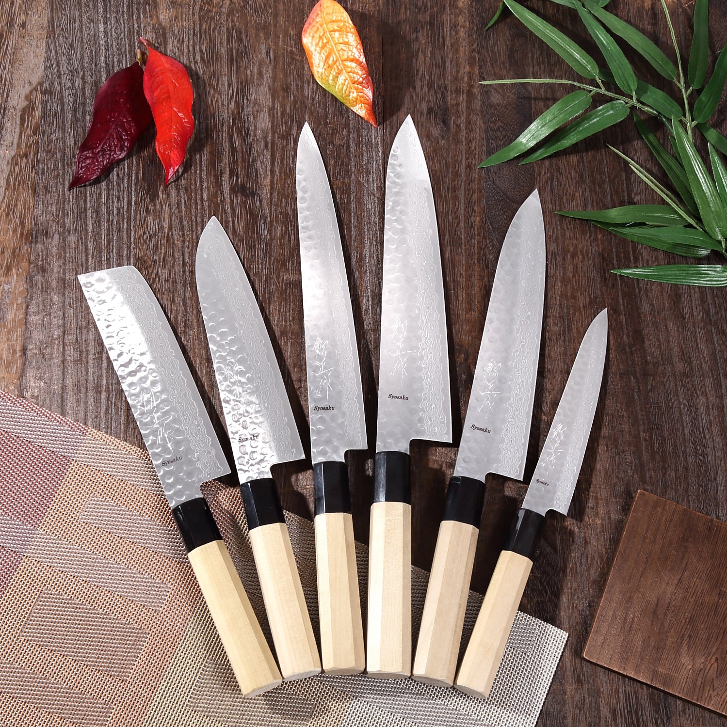 Syosaku Japanese Vegetable Best Sharp Kitchen Chef Knife Hammered Damascus VG-10 46 Layer Octagonal Magnolia Wood Handle, Nakiri 6.3-inch (160mm) - Syosaku-Japan