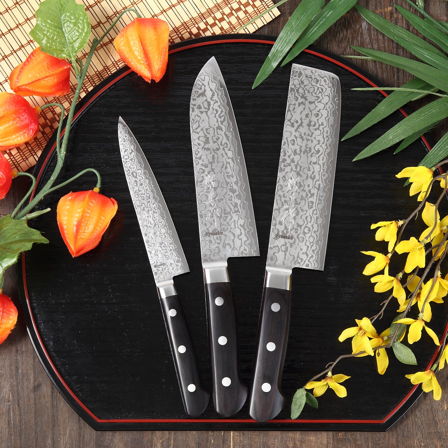 Syosaku Japanese Petty Knife Shaded Damascus VG-10 16 Layer Black Pakkawood Handle, 5.3-inch (135mm) - Syosaku-Japan