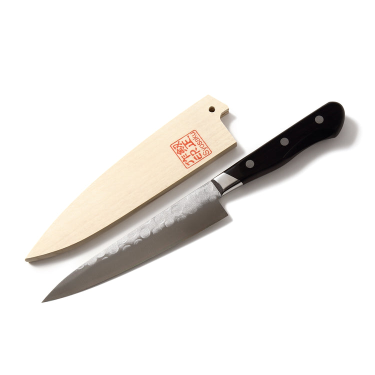 Syosaku Japanese Petty Knife Aoko (Blue Steel) No.2 Black Pakkawood Handle, 5.3-inch (135mm) with Magnolia Wood Sheath Saya Cover - Syosaku-Japan